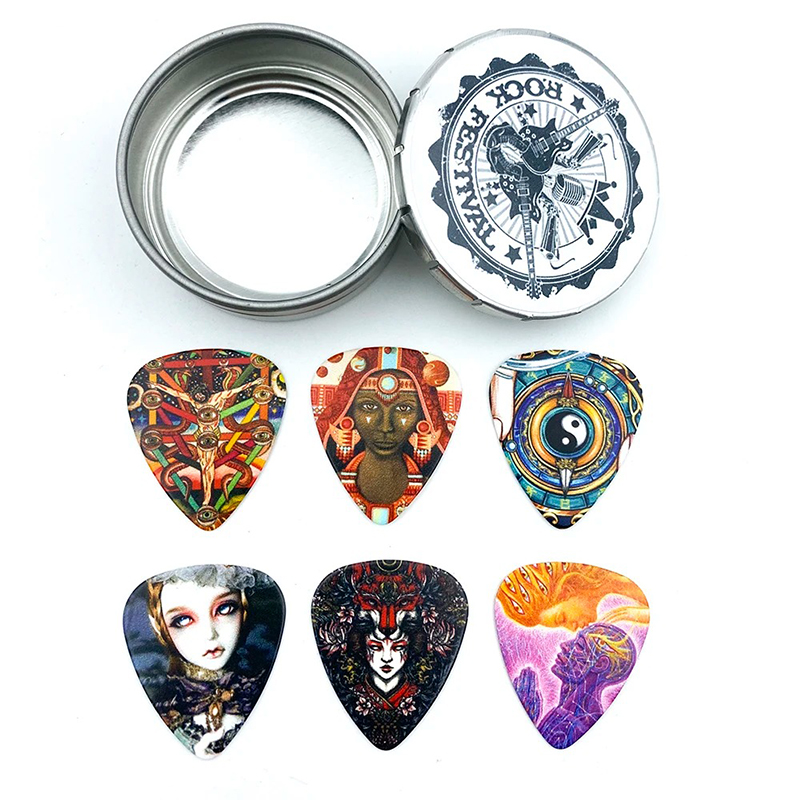 Set of 12 dark gothic-inspired 0.71mm guitar picks - with a metal box!