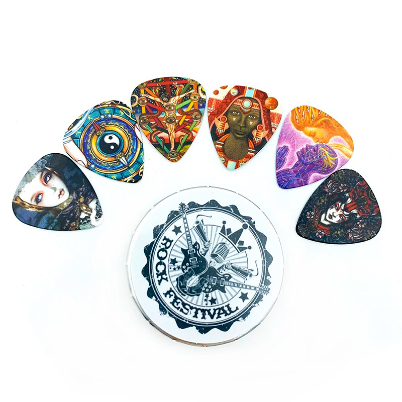 Set of 12 dark gothic-inspired 0.71mm picks delivered with a metal box
