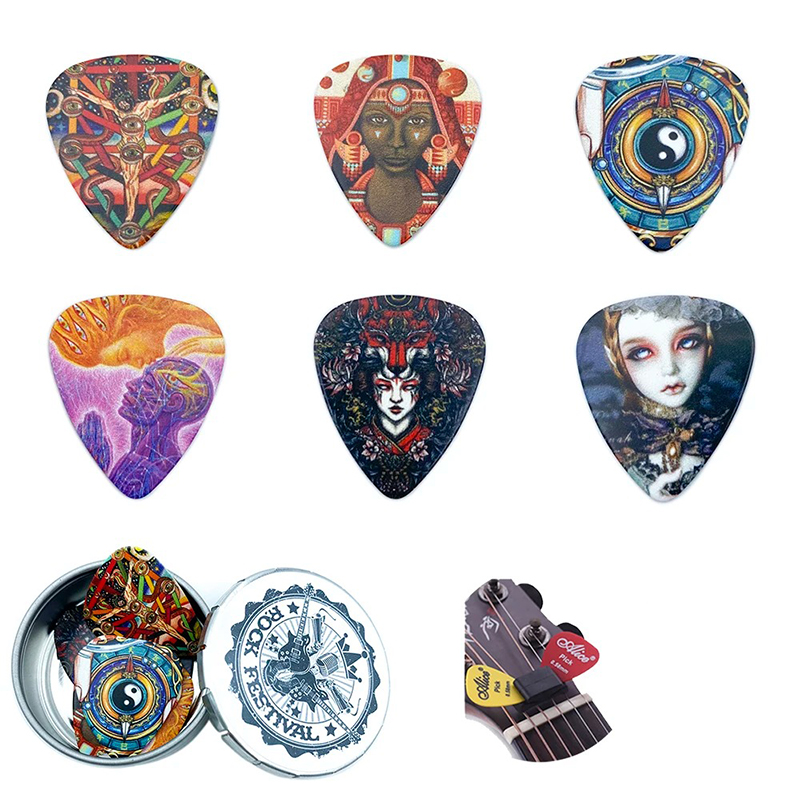 Pack of 12 dark gothic-inspired guitar picks with a thickness of 0.71mm