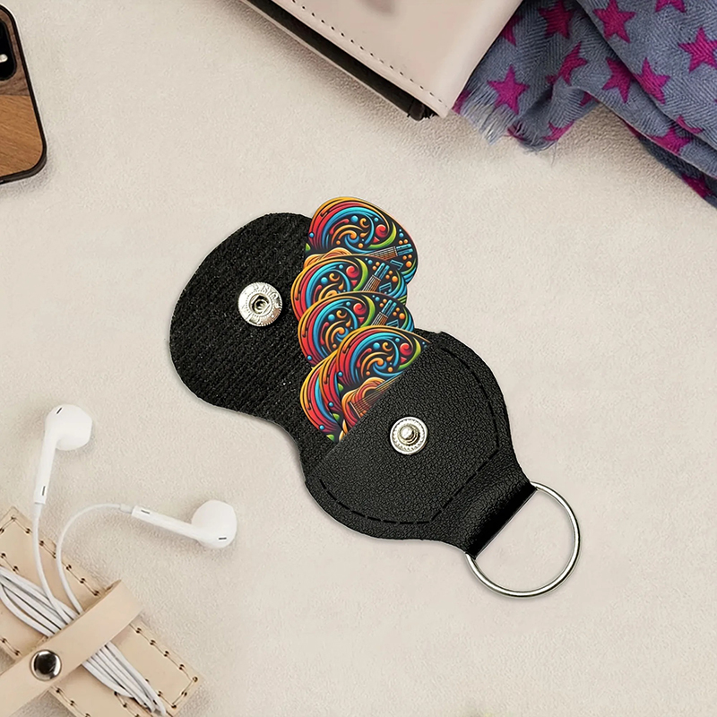 Full view of a set of 6 psychedelic colored guitar picks - 3 sizes - includes pick holder.