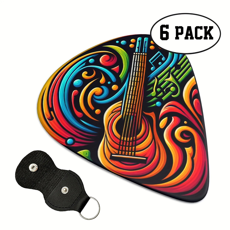 Set of 6 psychedelic colored guitar picks - 3 sizes - includes pick holder