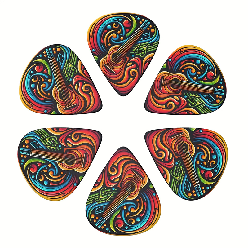 Full view of a set of 6 psychedelic colored guitar picks - 3 sizes - includes pick holder