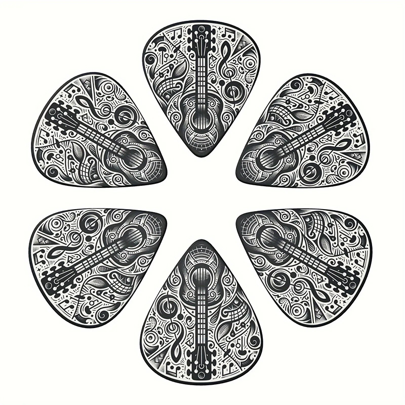 Set of 6 black guitar picks with psychedelic design - 3 sizes to choose from - with p