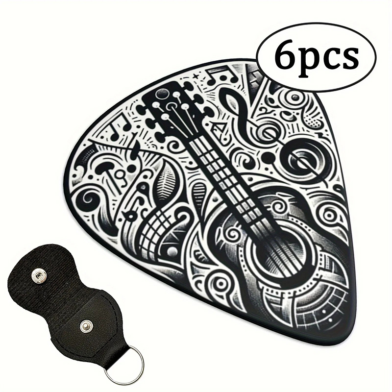A set of 6 guitar picks in black and Black Psyché - 3 sizes to choose from - with p