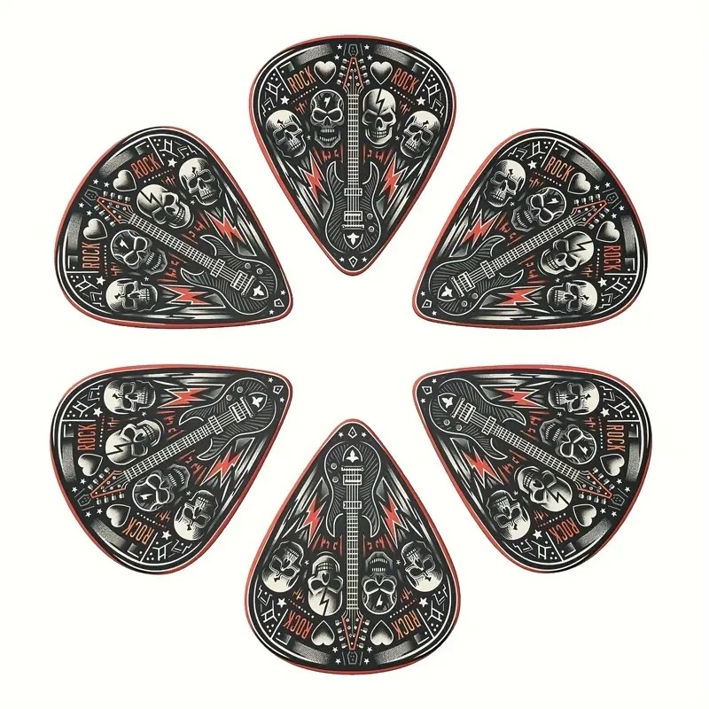 Set of 6 guitar picks with Hard Rock skull design - 3 sizes with included pick holder