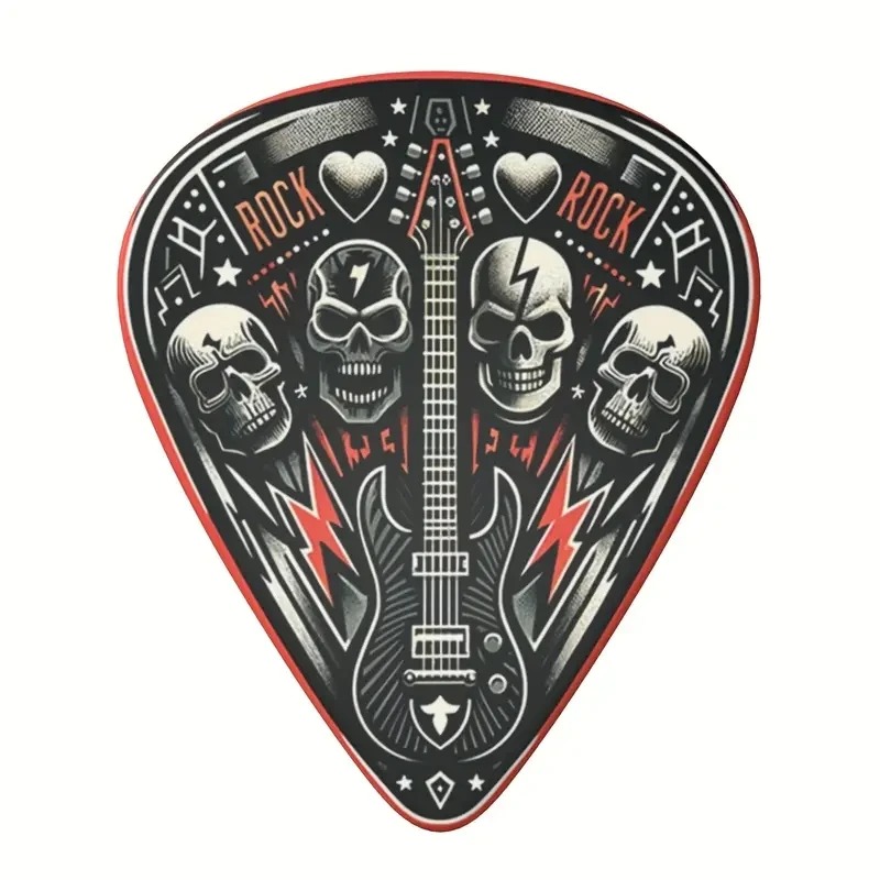 Complete details of the set of 6 Guitar Picks with Skull Head Hard Rock in 3 sizes, includes Pick Holder.