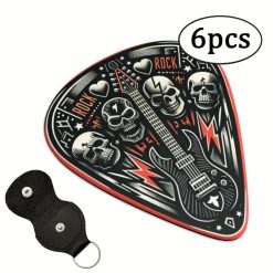 Set of 6 Guitar Picks with Hard Rock Skull Design - 3 Sizes - Includes Pick Holder