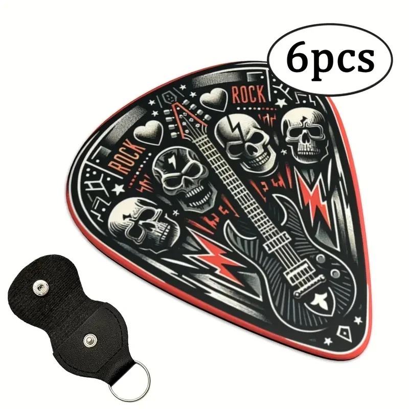 Set of 6 Guitar Picks with Hard Rock Skull Design - 3 Sizes - Includes Pick Holder