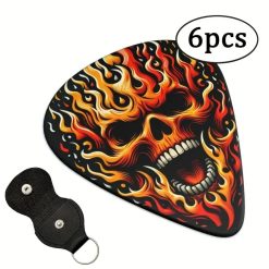 Set of 6 guitar picks with heavy metal skull design - 3 sizes with included pick holder!