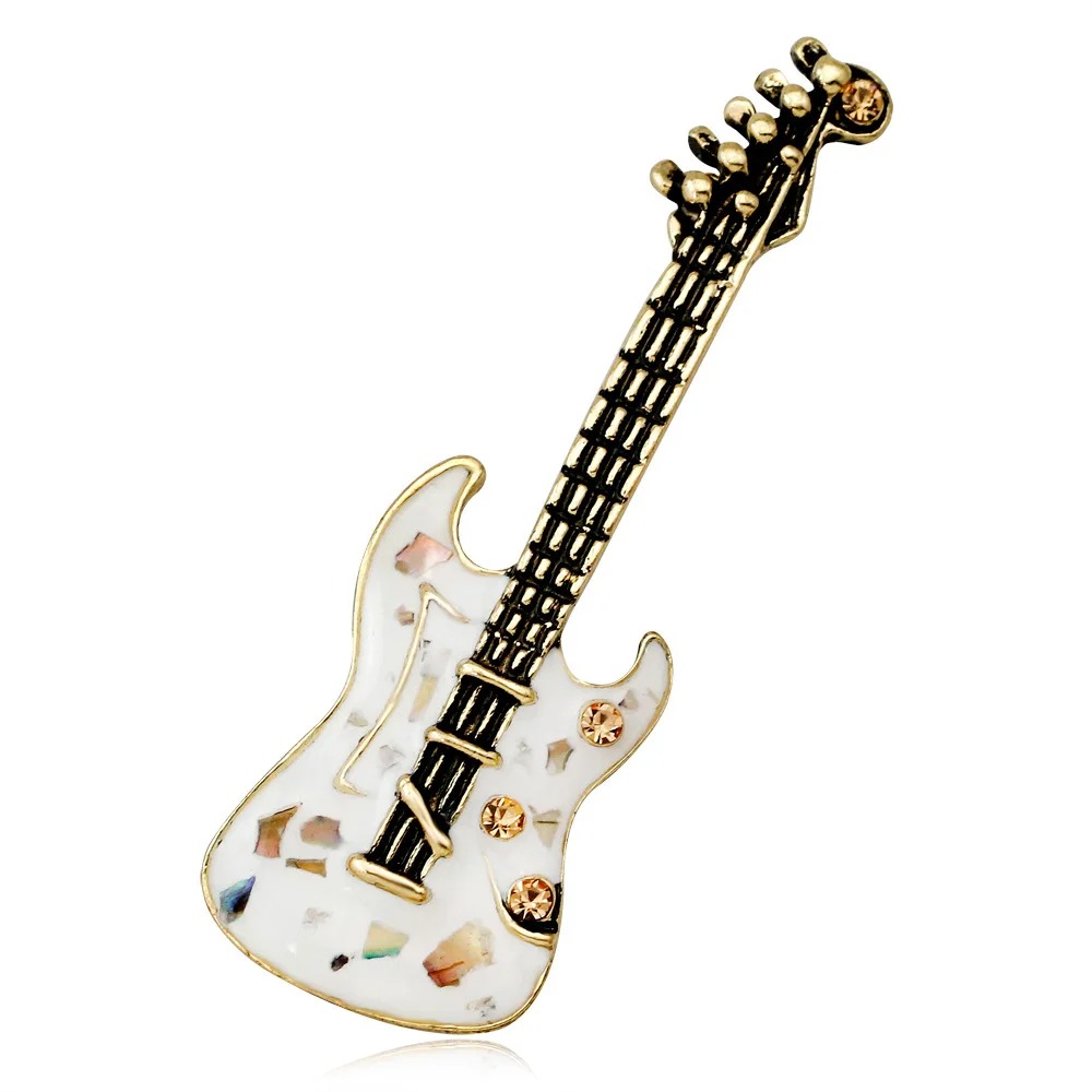 Beautiful Enamel Brooch Pins Electric Guitar in Mother of Pearl White Color