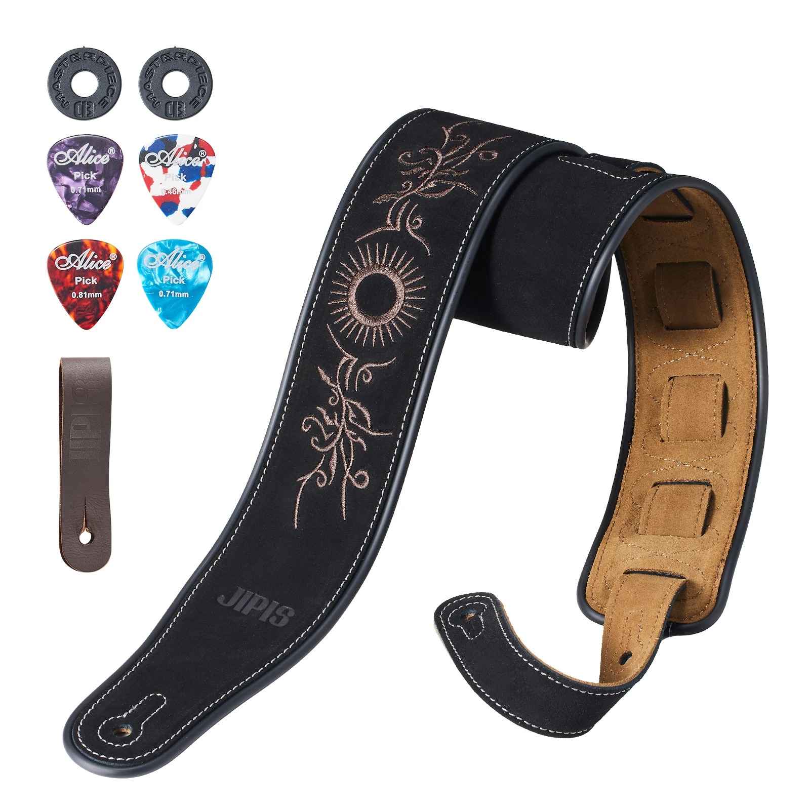 Magnificent suede leather guitar strap with sun embroidery