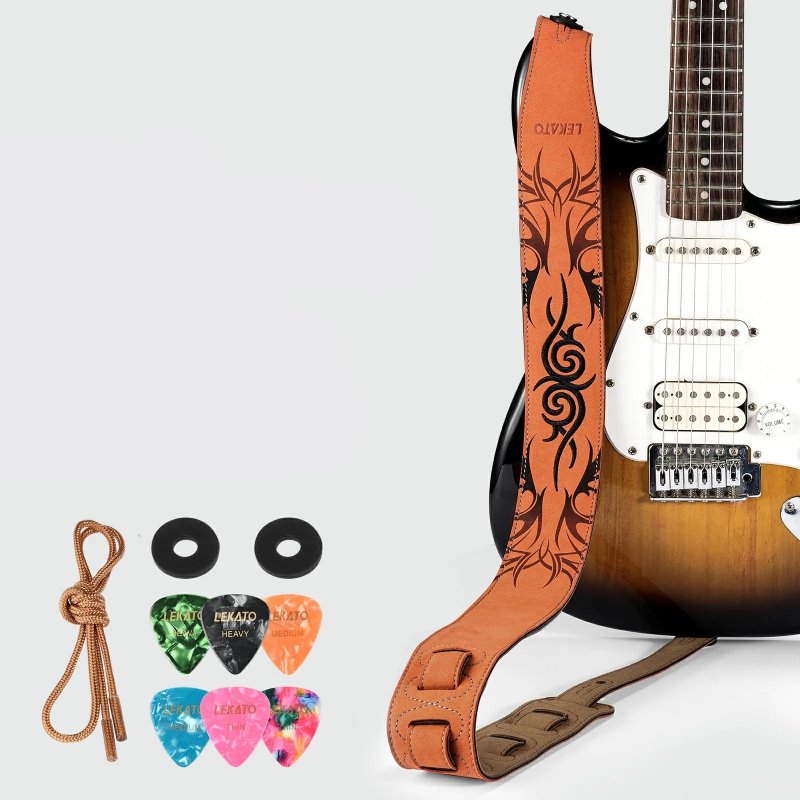 Magnificent suede leather guitar strap with tribal design embroidery