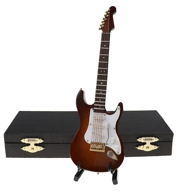 Miniature electric guitar in red or black with a brown storage box