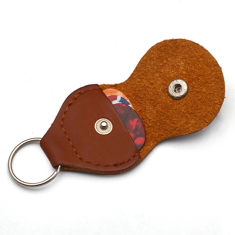 Set of 2 Leather Guitar Keychains with Pick Case - 3 colors - 6 picks included - Brown color