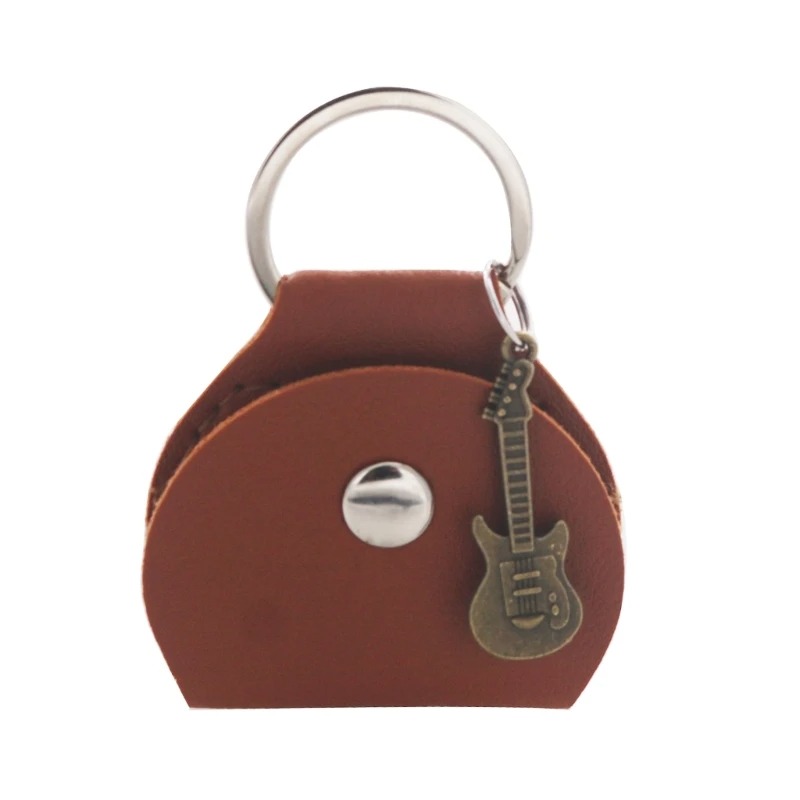 A keychain featuring a guitar pick in a shade of brown.