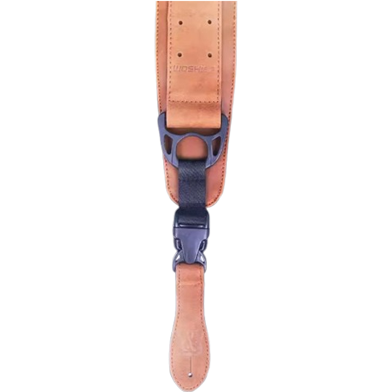 Ergonomic strap for bass guitar made of durable leather with a brown safety buckle