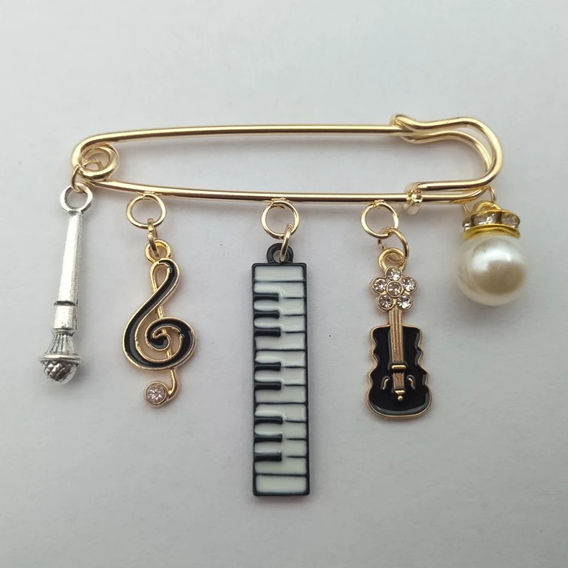 Enamel Brooch of Guitar, Keyboard, Musical Note, Microphone and Pearl - 3 Colors - Black Color