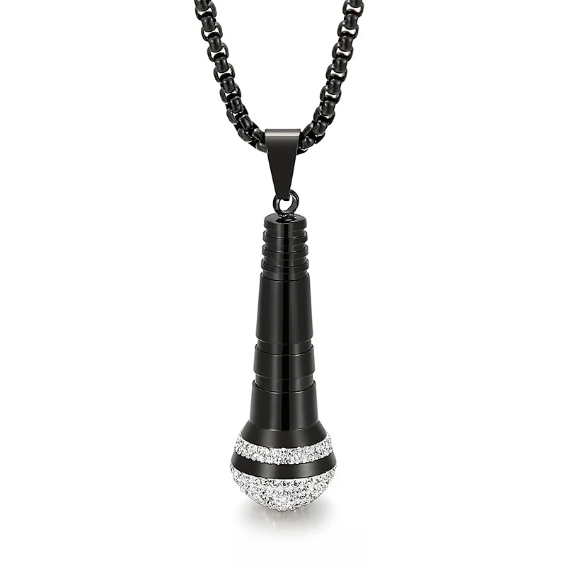 Black rock microphone pendant necklace