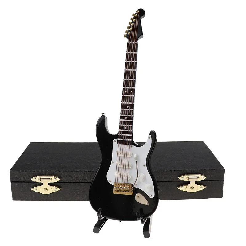 Miniature electric guitar in red or black with a black storage case