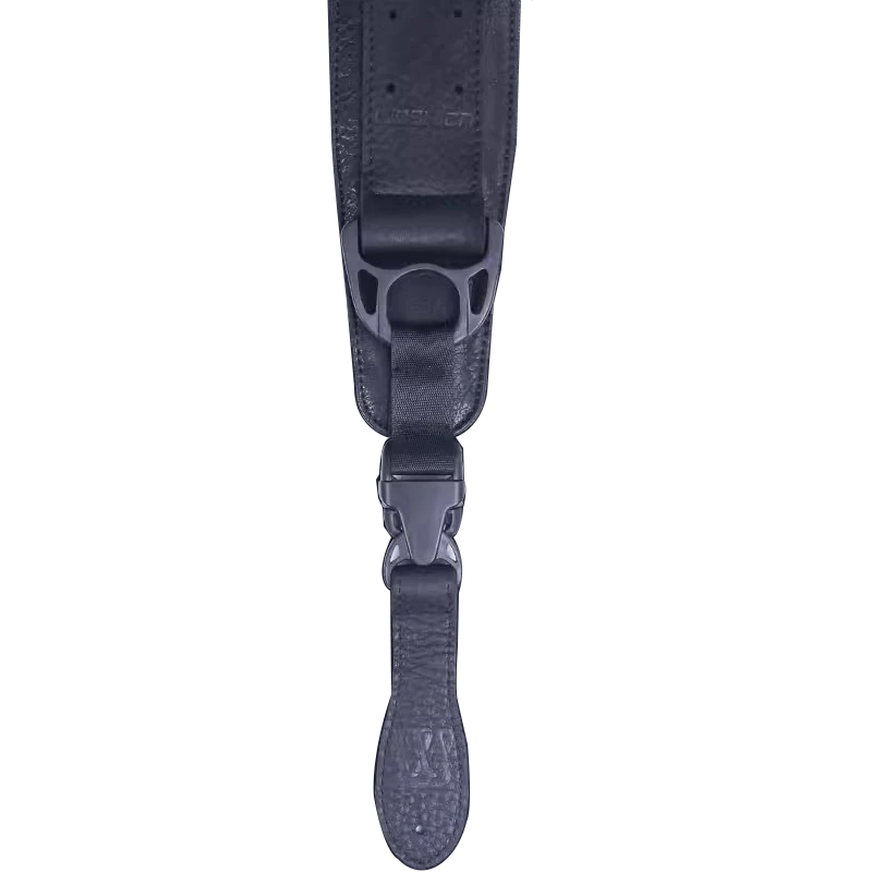 Ergonomic, durable leather bass strap with safety buckle in black color