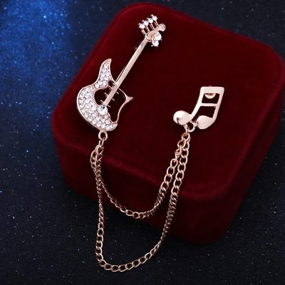 Enamel Electric Guitar Brooch with Gold Color Musical Note Chain