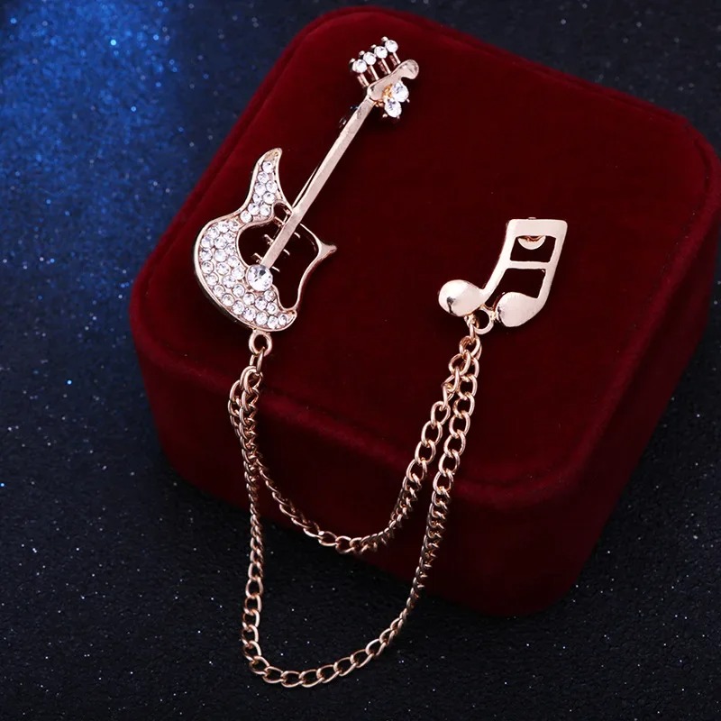 Enamel Electric Guitar Brooch with Gold Color Musical Note Chain