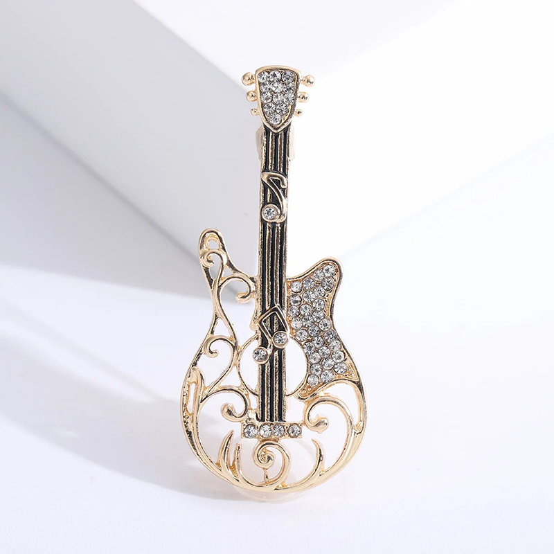 Hollow Electric Guitar Design Brooch with Musical Notes Motif and Gold Colored Rhinestones