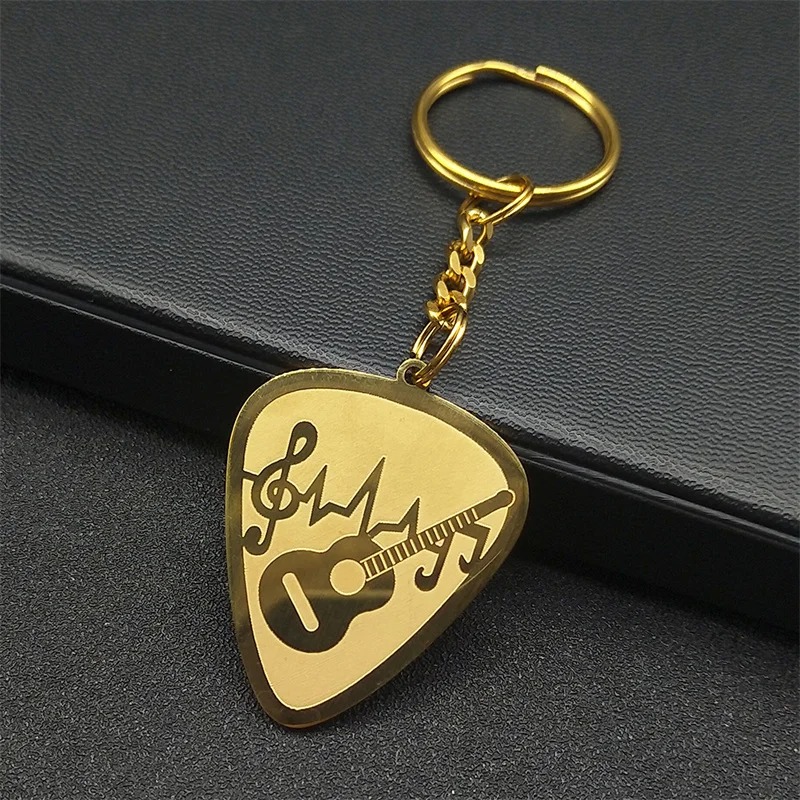 Gold-colored rhythmic guitar pick keychain