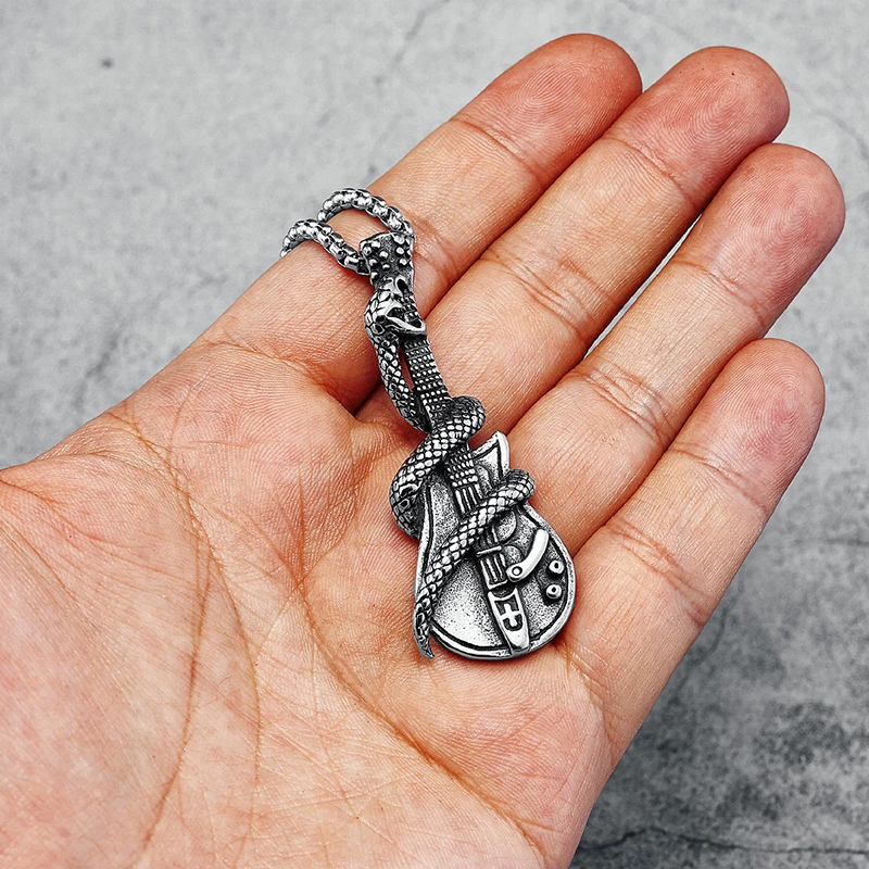 Details of the Heavy Metal Rock Guitar Pendant with a Guitar Wrapped by a Snake