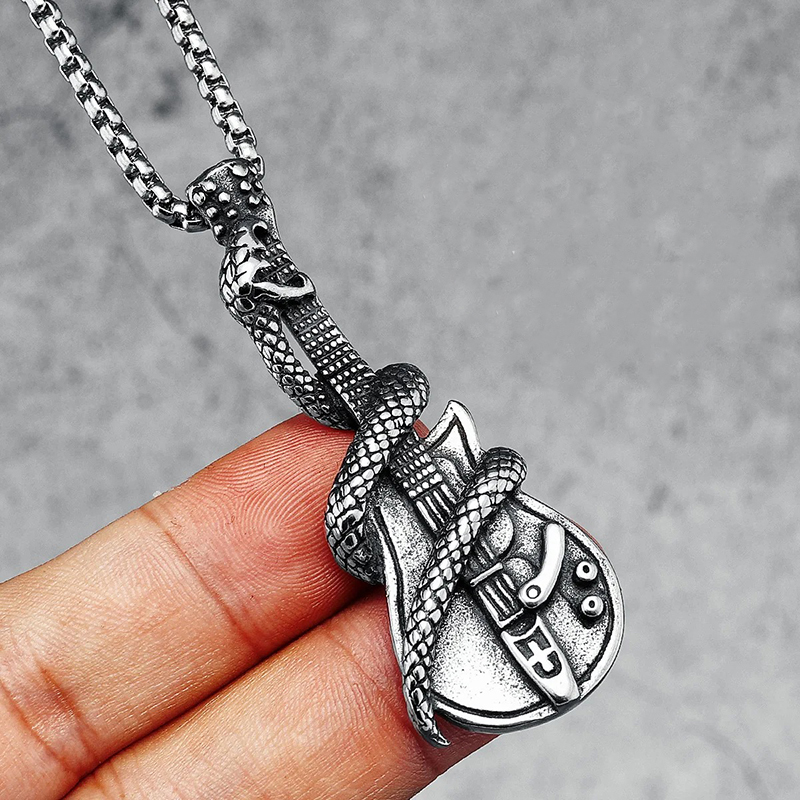 Complete details of the Heavy Metal Rock Guitar Pendant with a Guitar Wrapped by a Snake