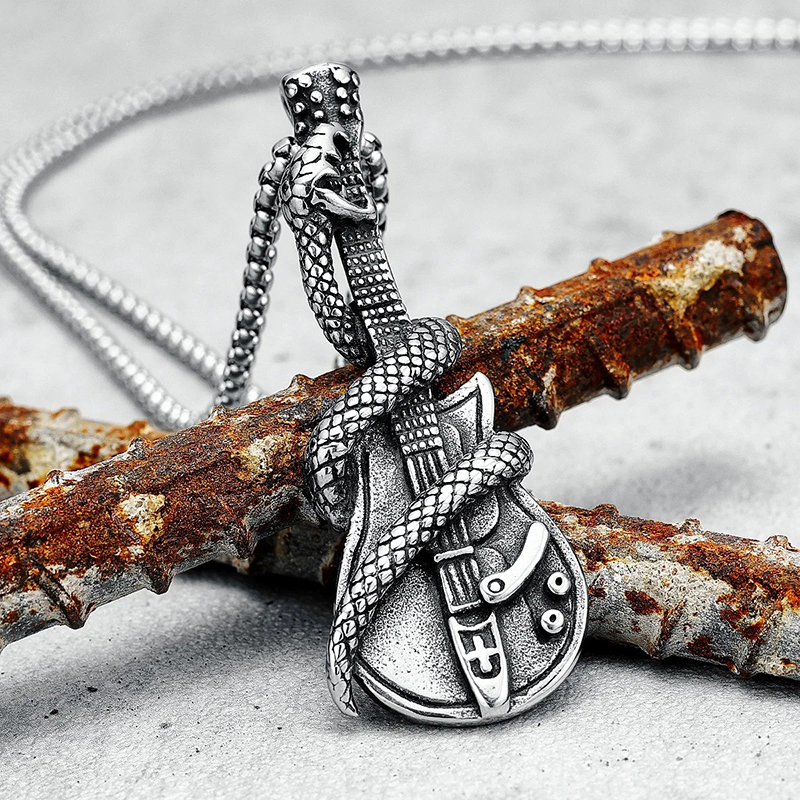 Magnificent Heavy Metal Rock Guitar Pendant with a Guitar Wrapped by a Snake