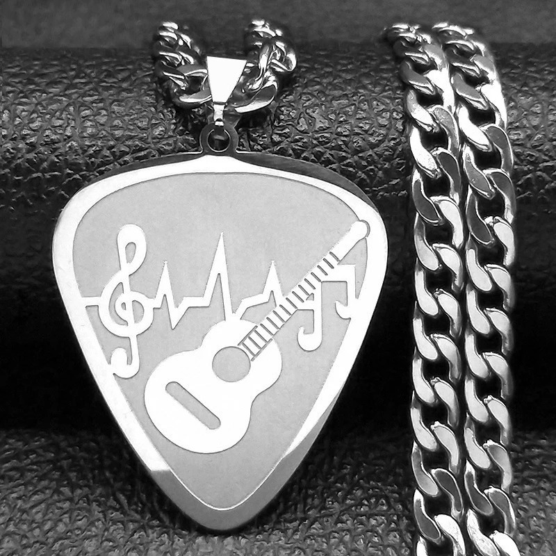 Silver-colored Guitar Pick and Musical Notes Pendant