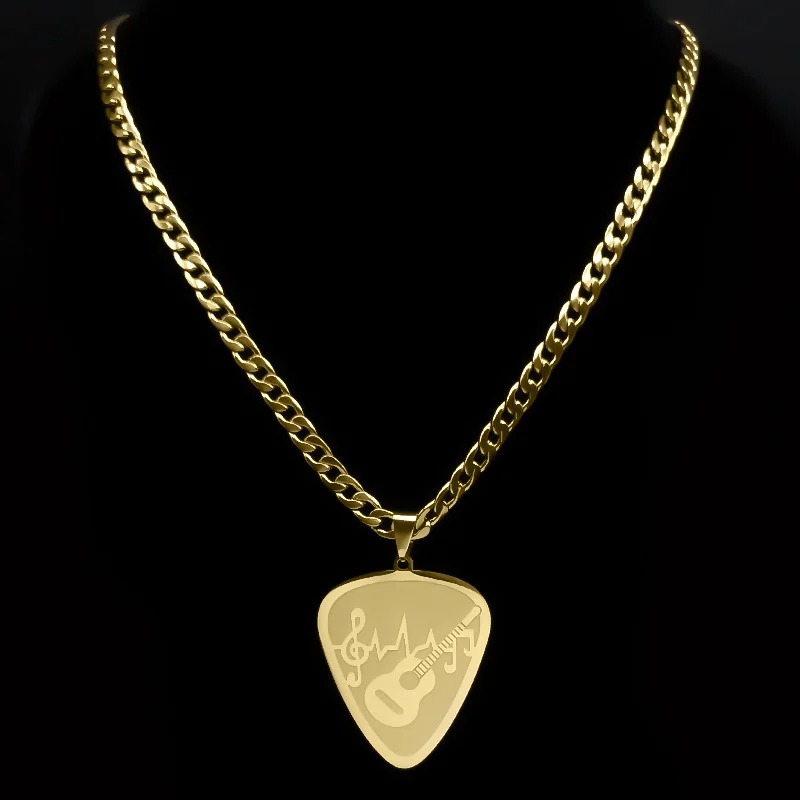 Full view of the gold-colored Guitar Pick and Musical Notes Pendant