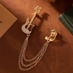 Enamel Electric Guitar Pins with Rhinestones, Gold Colored Double Eighth Note Chain