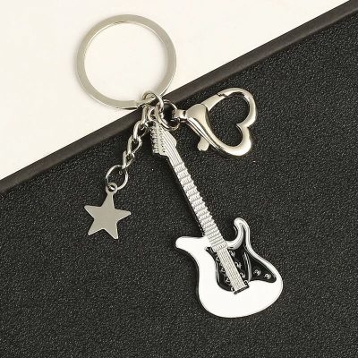 Electric Guitar Keychain with Star Charm and Heart-Shaped Carabiner - White Model