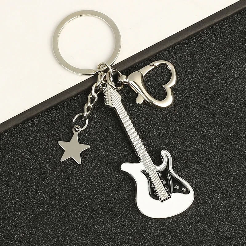 Electric Guitar Keychain with Star Charm and Heart-Shaped Carabiner - White Model