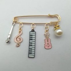 Enamel Brooch of Guitar, Keyboard, Musical Note, Microphone and Pearl - 3 Colors - Pink Color