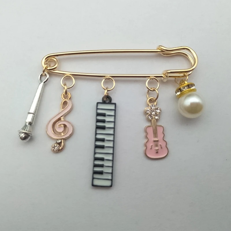 Enamel Brooch of Guitar, Keyboard, Musical Note, Microphone and Pearl - 3 Colors - Pink Color