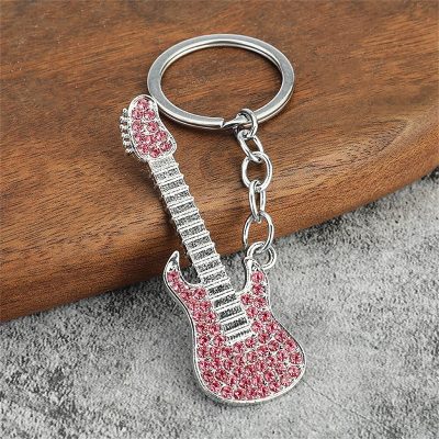 Electric guitar keychain with rhinestones in 6 selectable colors - pink color