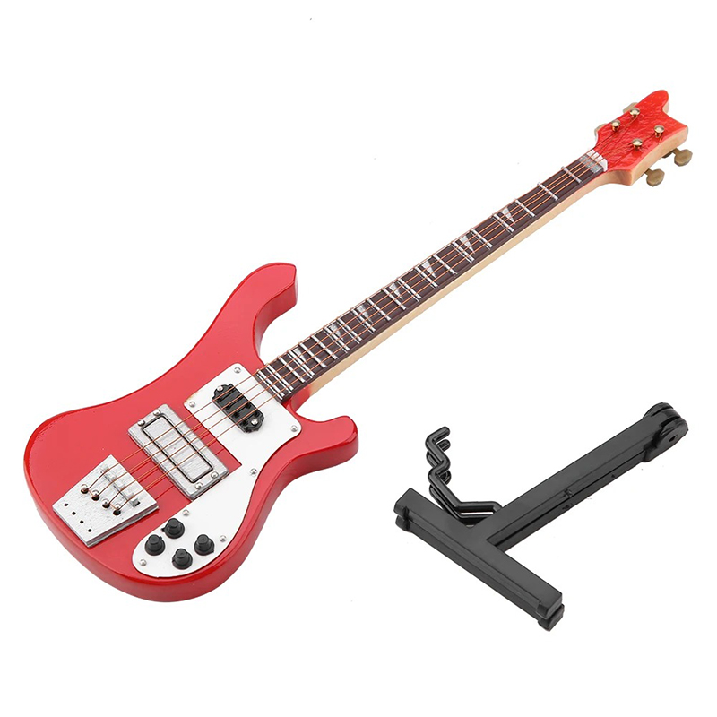 Miniature electric bass guitar with a red guitar stand