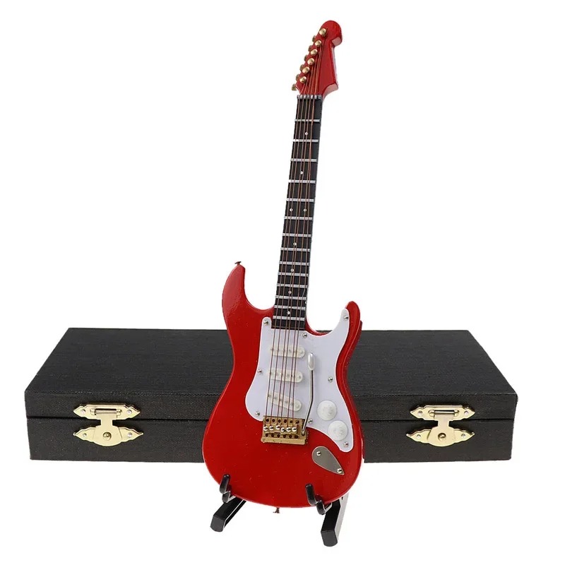 Miniature electric guitar in red or black with red storage case