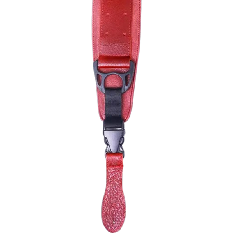 Ergonomic bass strap made of durable leather with a red safety buckle
