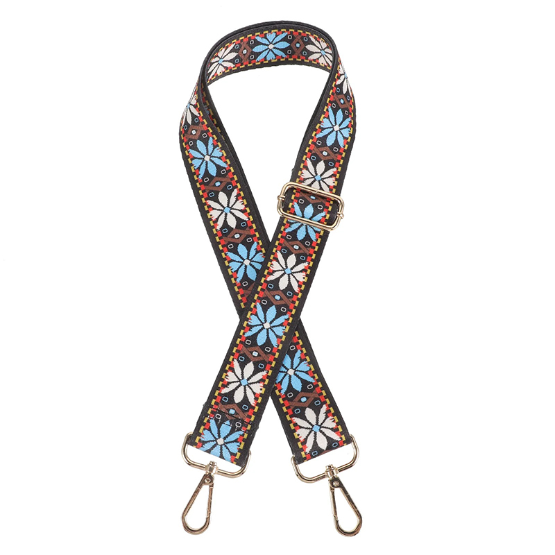 Full view of the braided banjo strap in blue folk style