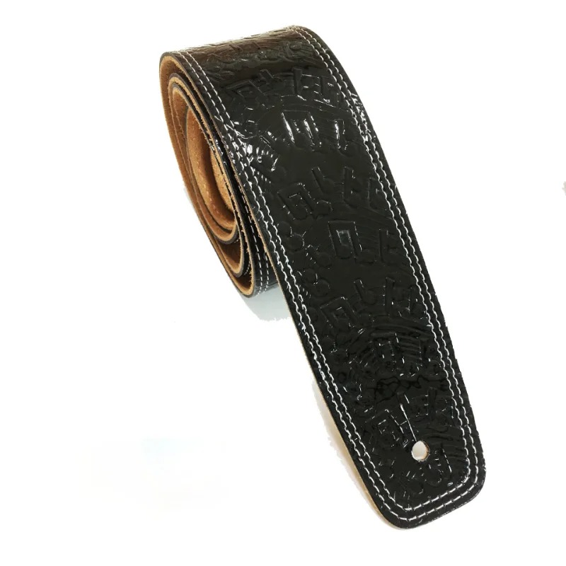 Black Leather Guitar Strap with Music Notes Pattern