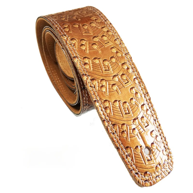 Gold-colored Leather Guitar Strap with Music Notes Pattern