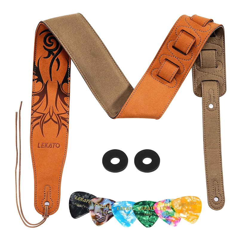 Suede leather guitar strap with tribal pattern embroidery
