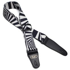Hypnotic spiral pattern guitar strap in black and white print