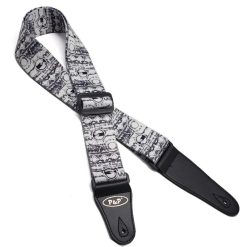Electric guitar strap with black and white vintage pattern print