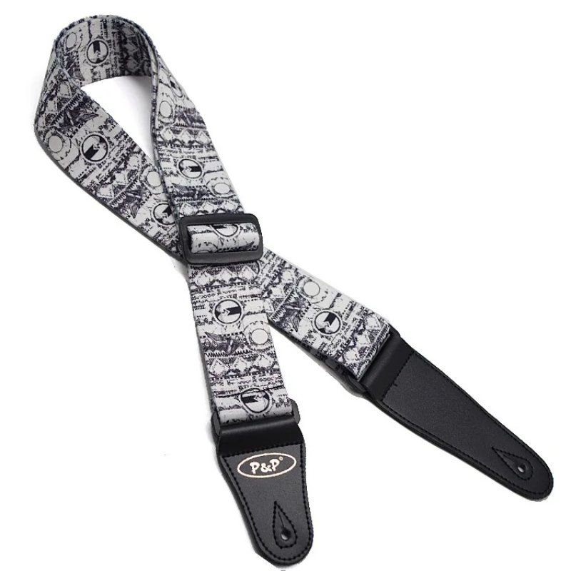 Electric guitar strap with black and white vintage pattern print