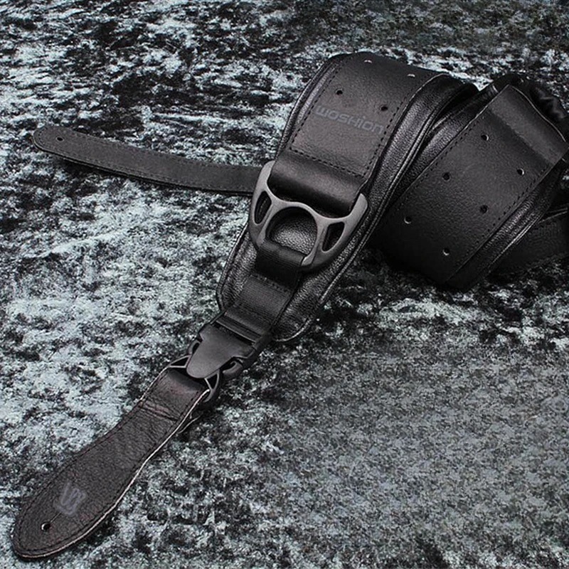 Ergonomic, durable leather bass strap with safety buckle